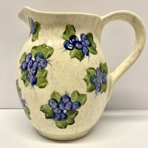 Vintage Maine Blueberry Pottery Pitcher, 7" - Hand‑Painted Speckled Cream Glaze